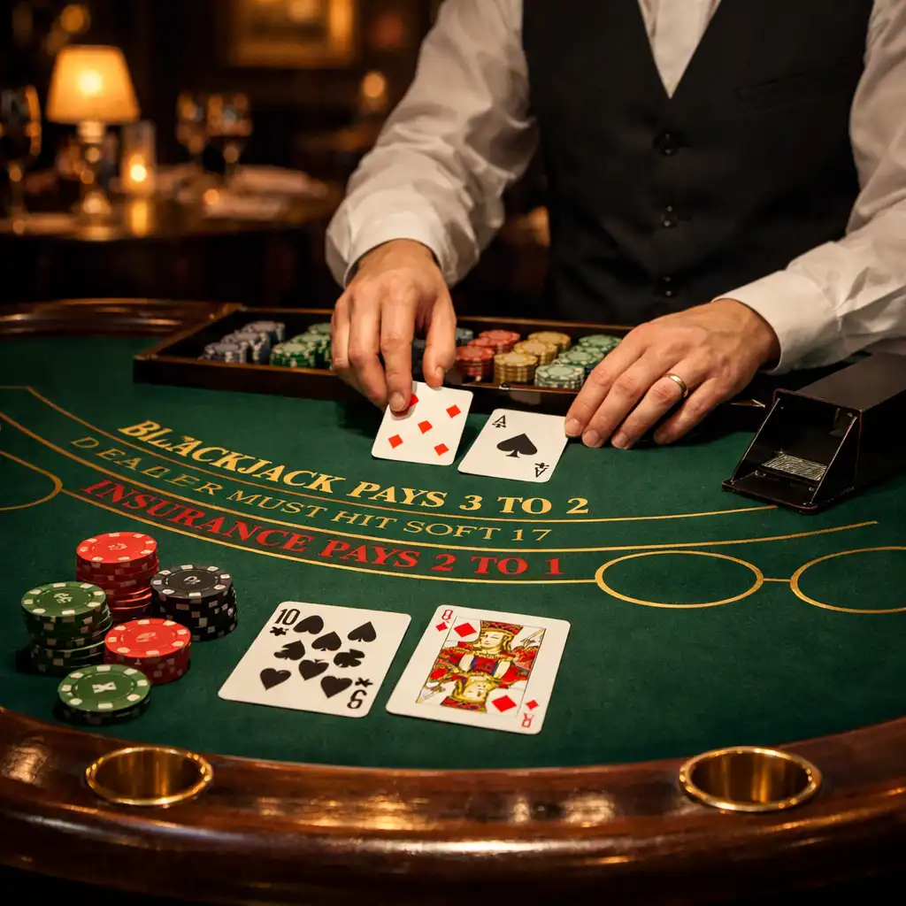 Blackjack table with semi-circular green felt layout, card shoe, chip tray, and a hand of cards