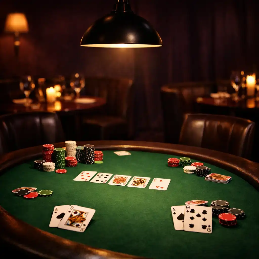 Physical poker table with green felt, chips, and playing cards under a pendant light