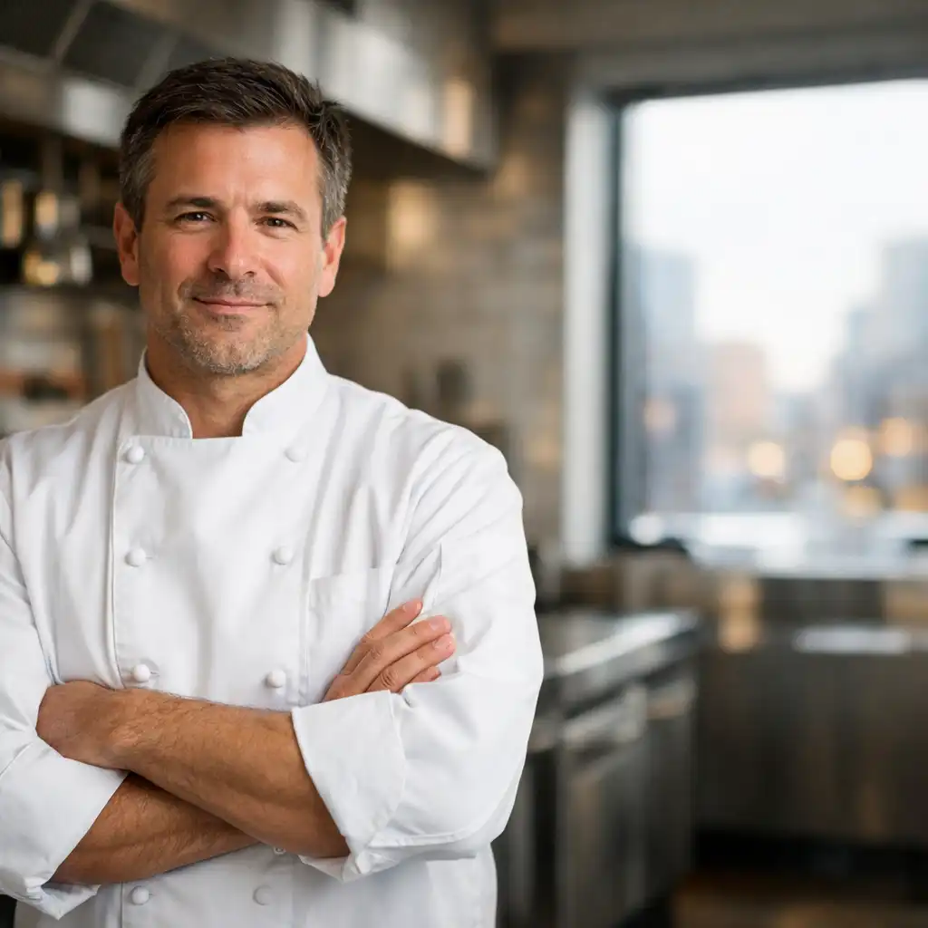 Chef in a white jacket standing in a modern restaurant kitchen