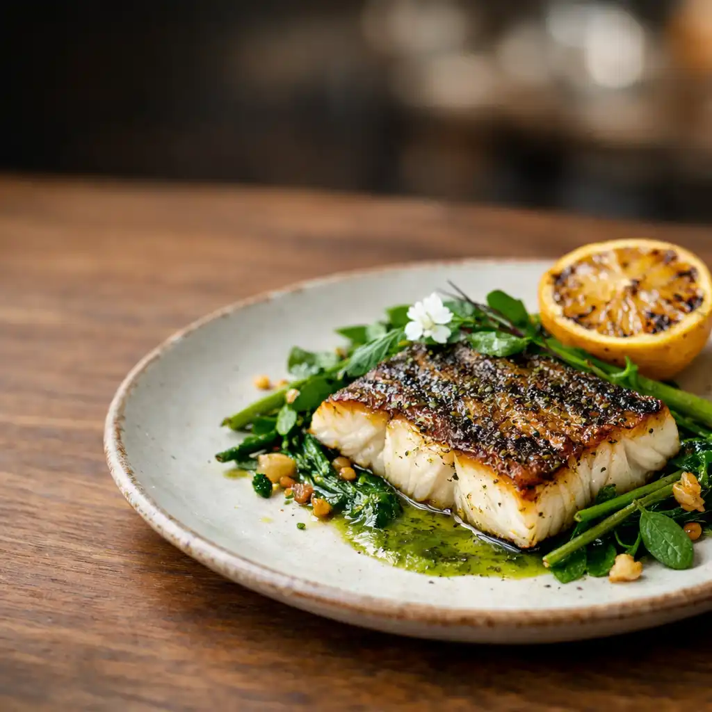 Plated modern Australian dish with native greens