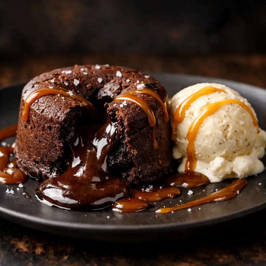 Warm chocolate fondant with vanilla bean ice cream and salted caramel