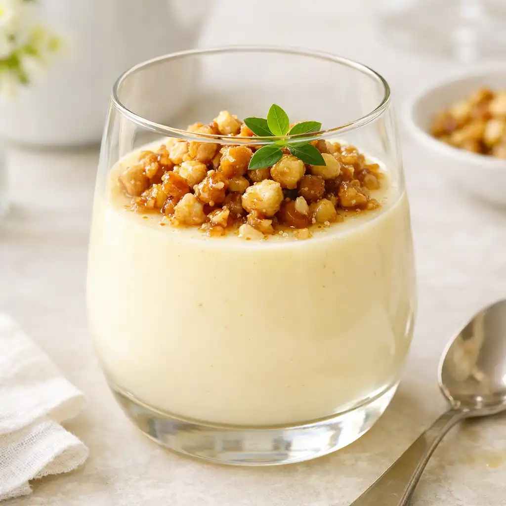 Lemon myrtle panna cotta with macadamia praline