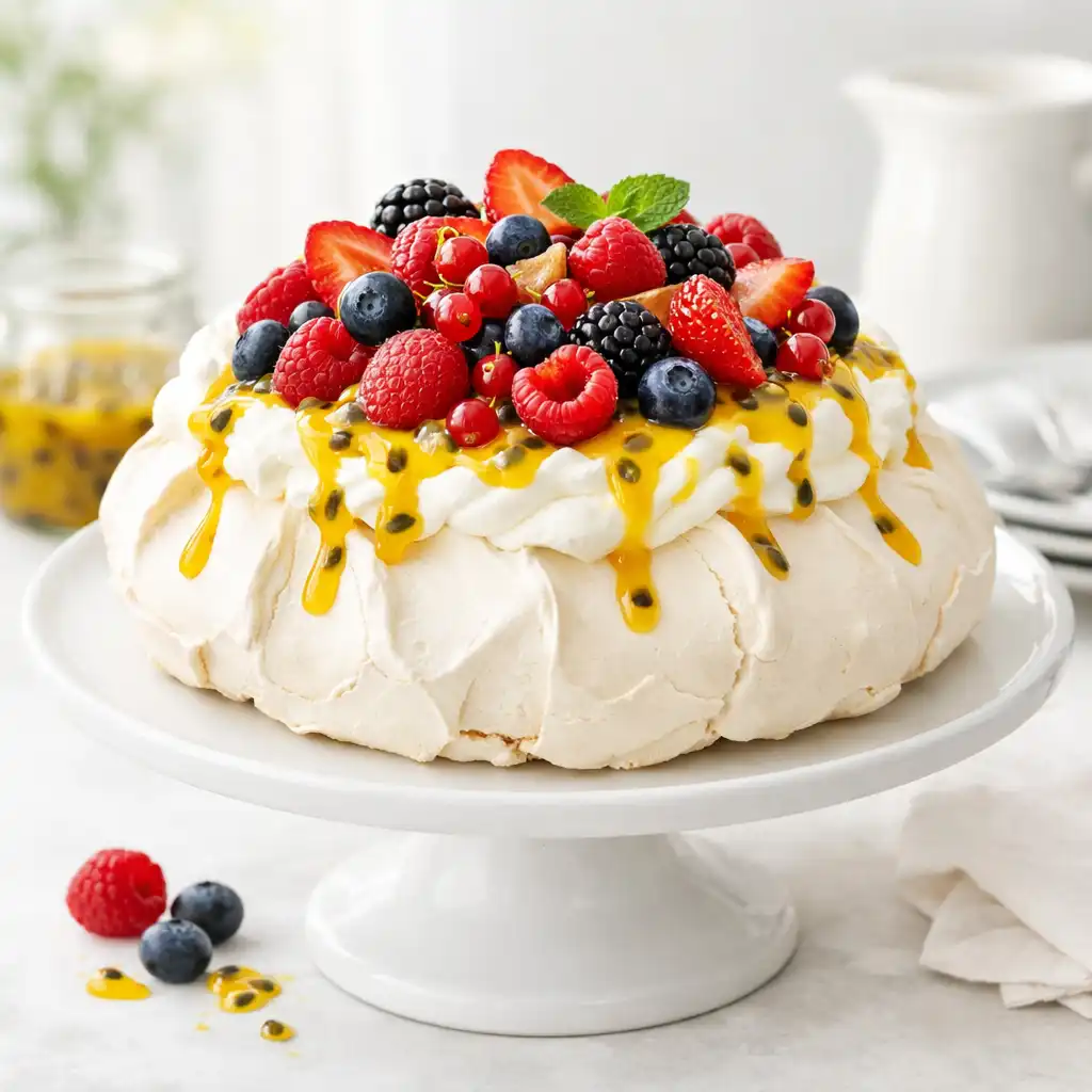 Pavlova with whipped cream, seasonal berries, and passionfruit coulis
