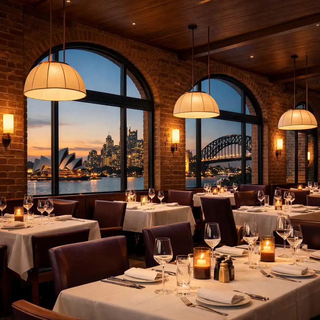 Modern restaurant interior with large architectural windows, brick walls, and wooden tables