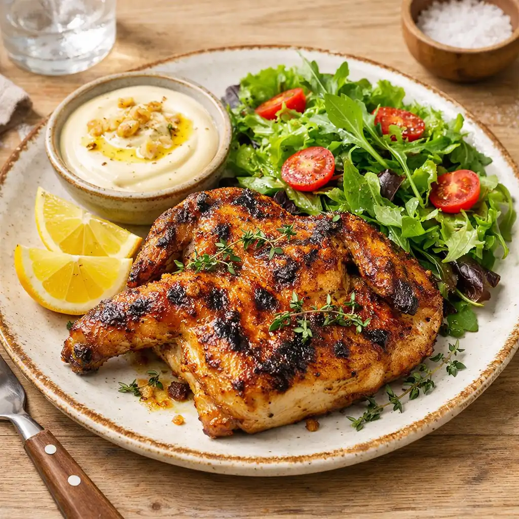 Grilled half chicken with lemon, thyme, and roasted garlic aioli
