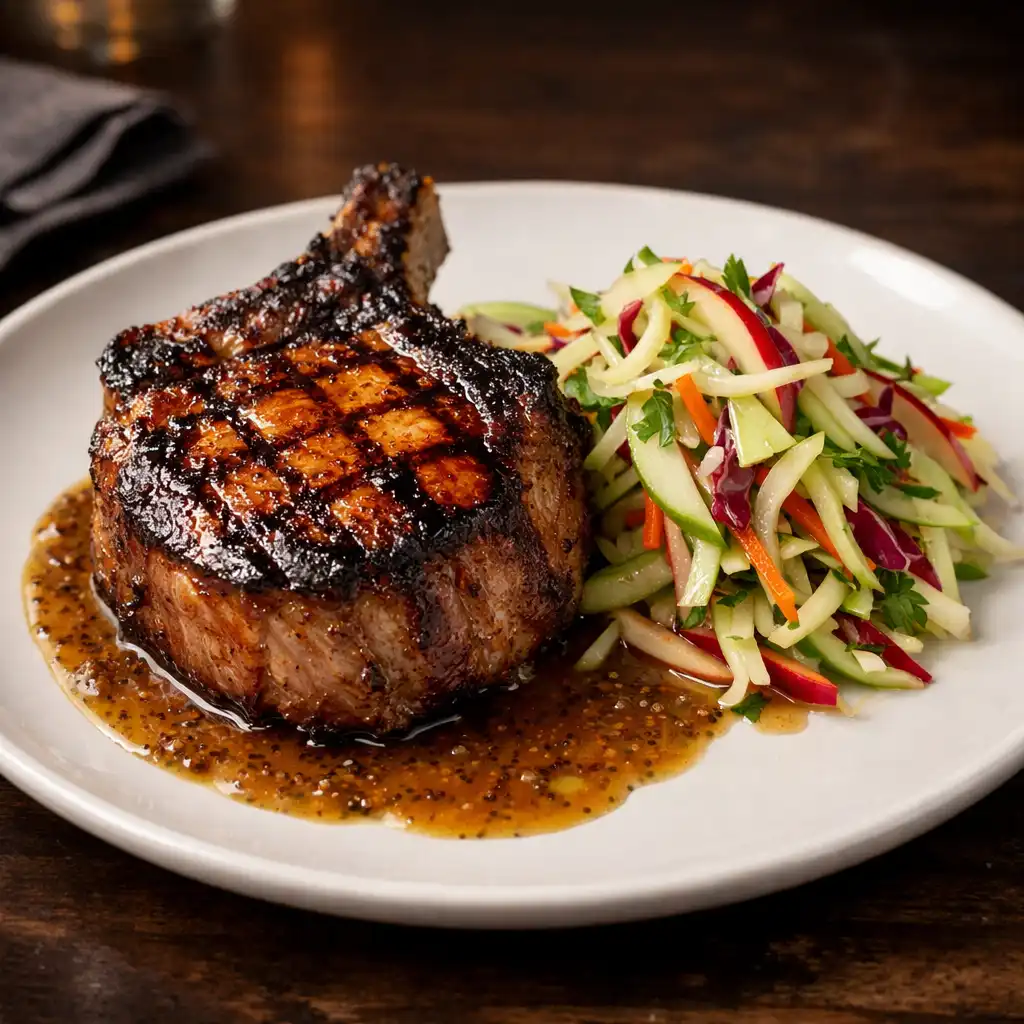 Char-grilled pork chop with apple and fennel slaw and mustard jus