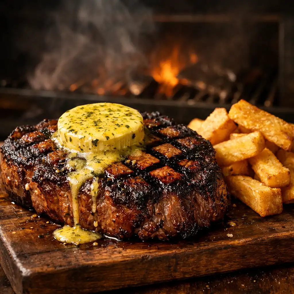 Dry-aged ribeye with cafe de Paris butter and hand-cut chips