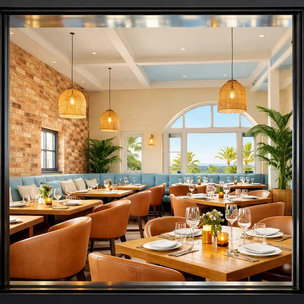 Bright modern Australian restaurant interior with exposed brick, timber tables, and large windows during the day