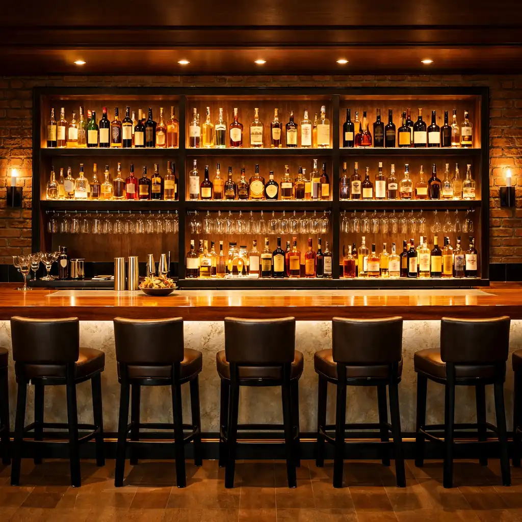 Sleek bar counter at City Table House with polished timber top, backlit shelves, and high stools