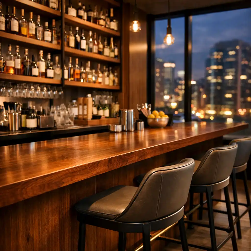 Bar area with wooden counter and city views