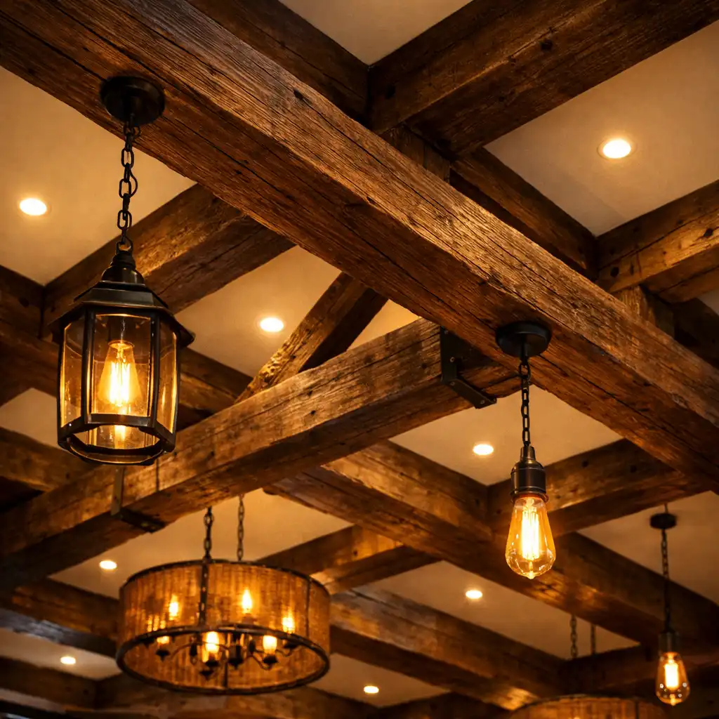 Timber ceiling beams with warm lighting fixtures hanging between them