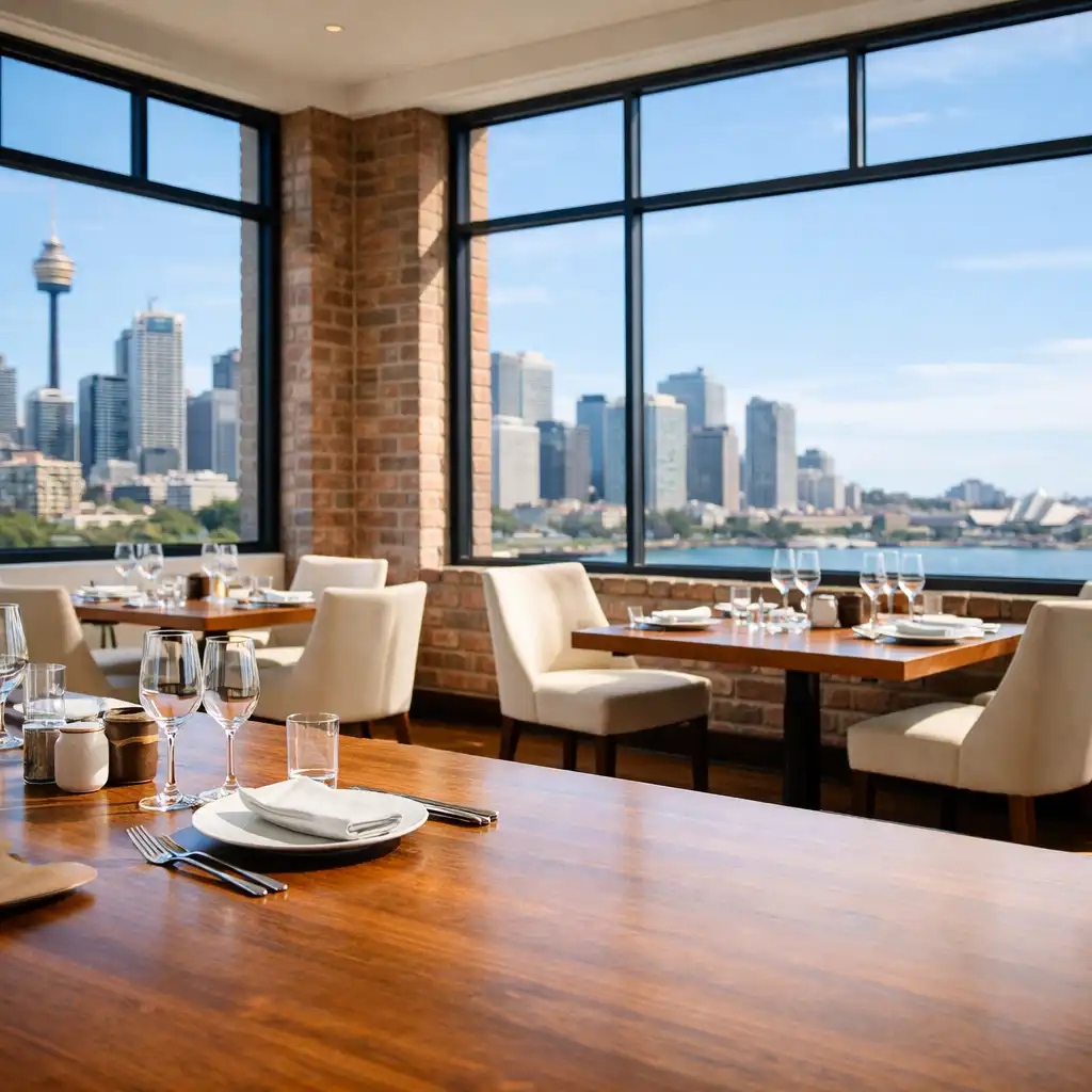 City Table House dining room with natural daylight, large windows, warm brick walls, and elegant table settings