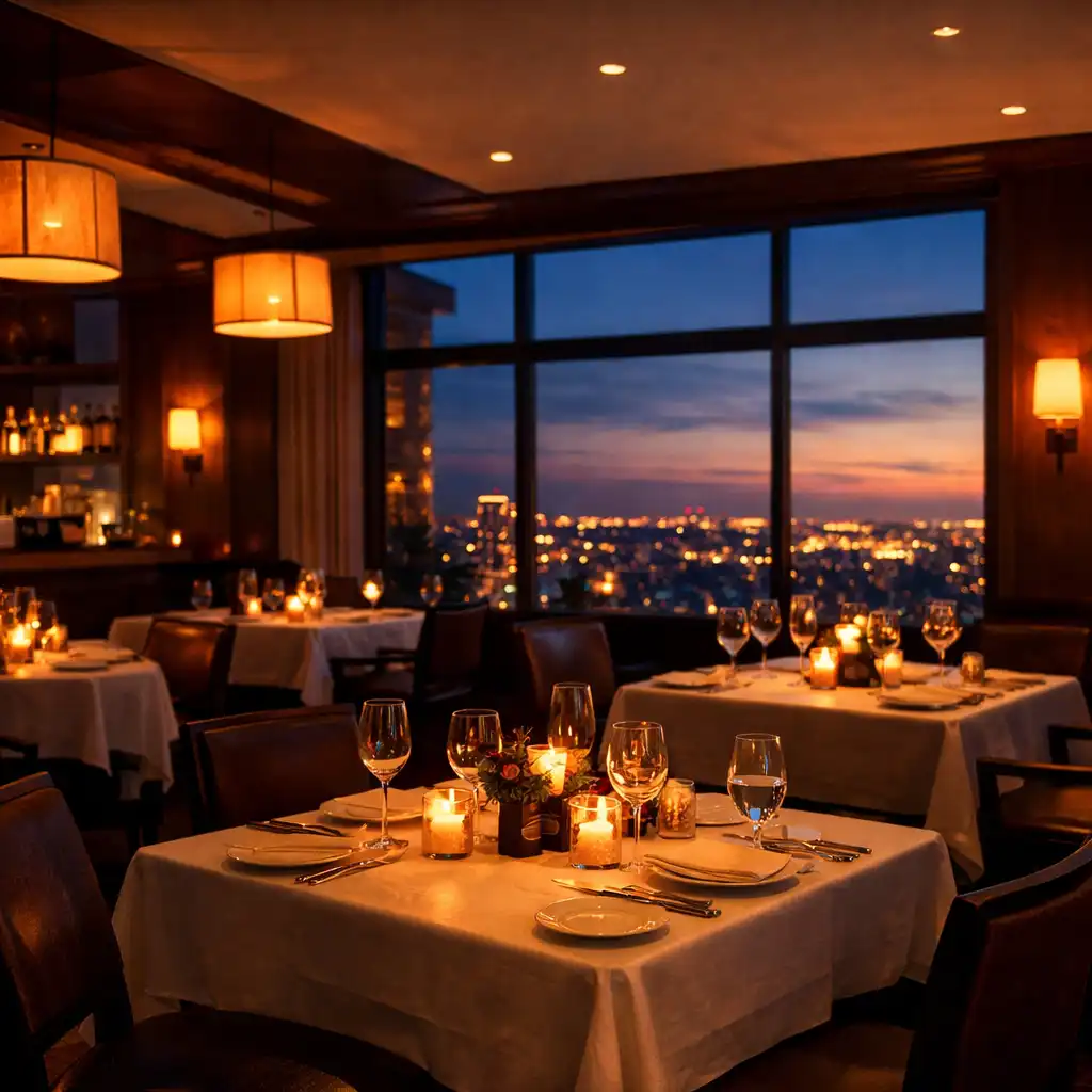 City Table House dining room at dusk with warm lighting and city lights through large windows