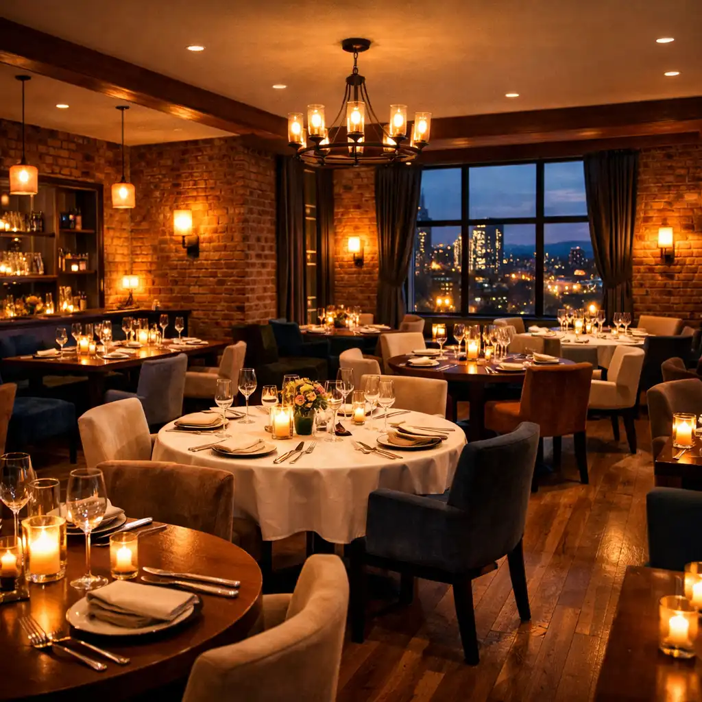 Wide view of the City Table House dining room set for service with round and rectangular tables and warm lighting