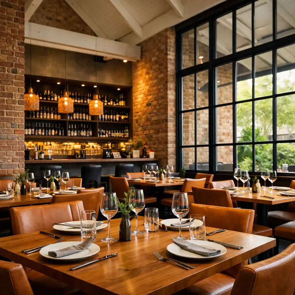 Interior of City Table House dining room with high ceilings, exposed brick, timber tables, and a bar area