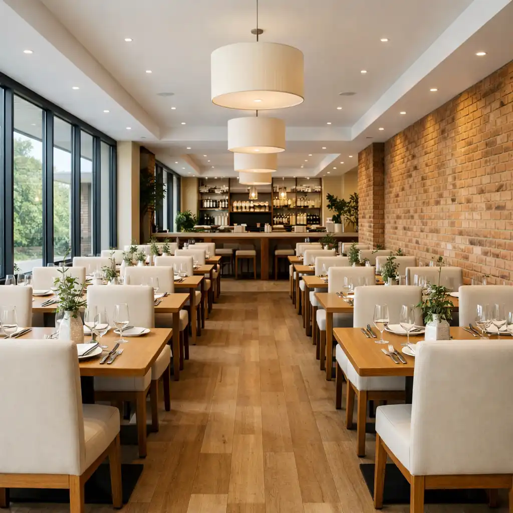 Main dining area with rows of tables and large windows