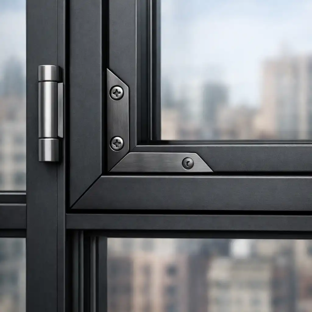 Custom metal window frame with matte finish and visible joints