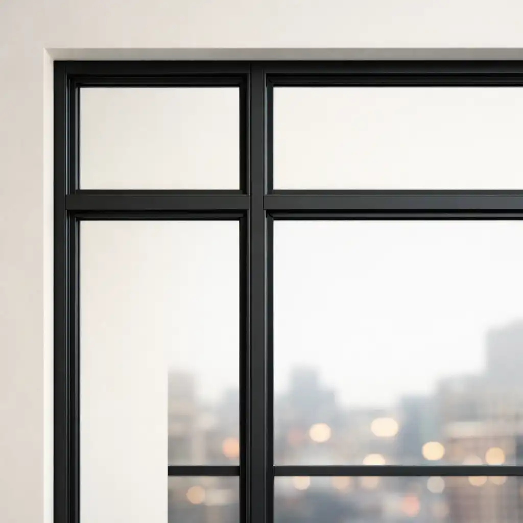 Architectural window frames inside City Table House with metal mullions and a blurred cityscape