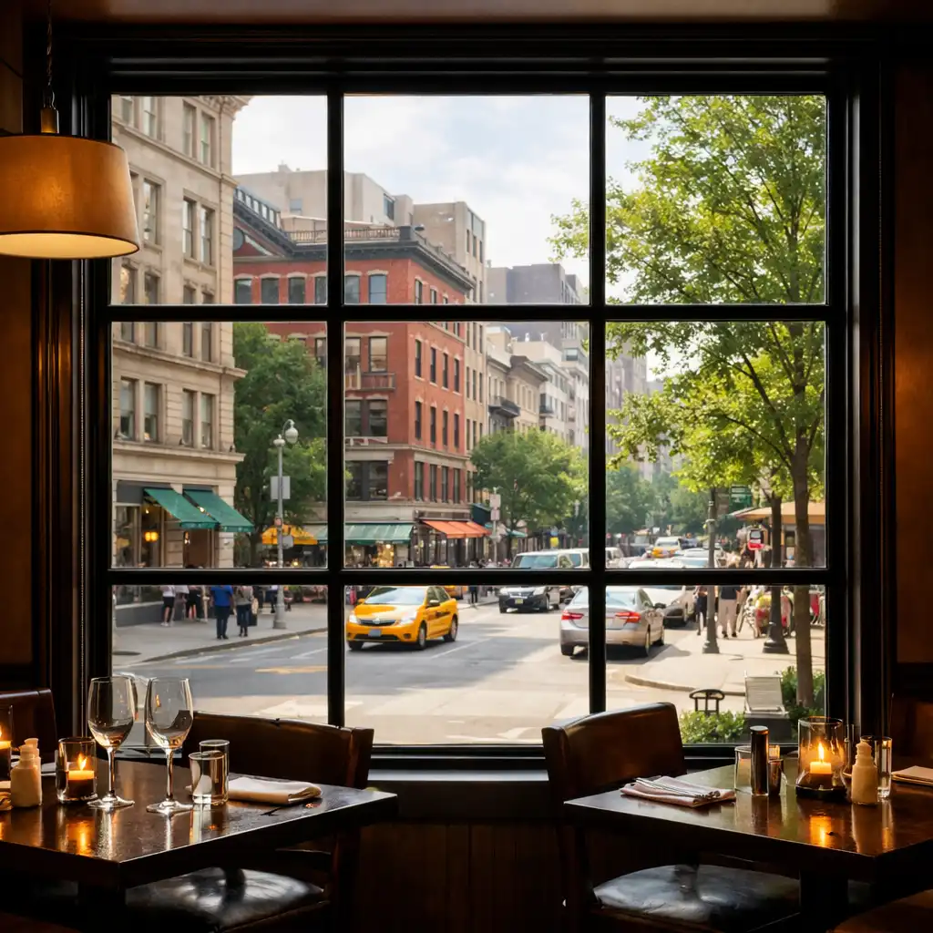 View through a large restaurant window to the city street