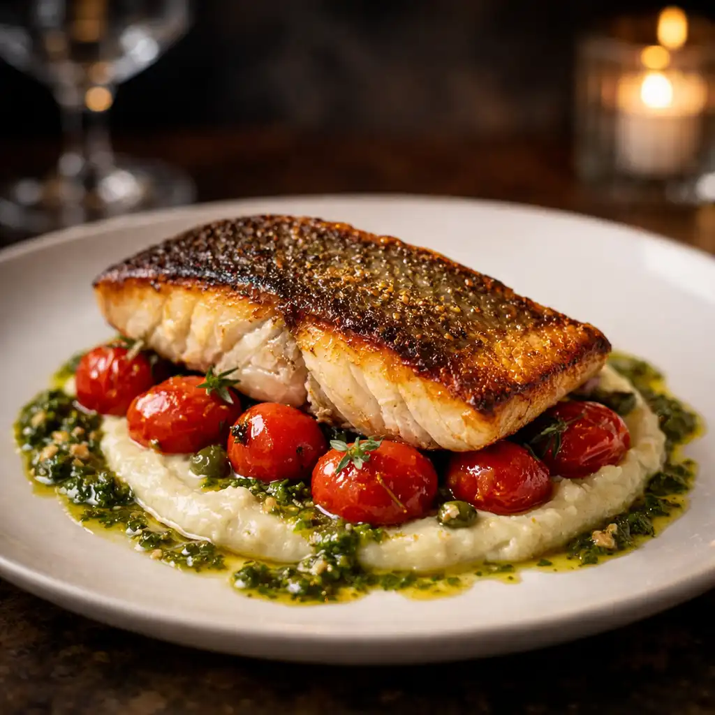 Pan-roasted barramundi with fennel puree, confit cherry tomatoes, and salsa verde