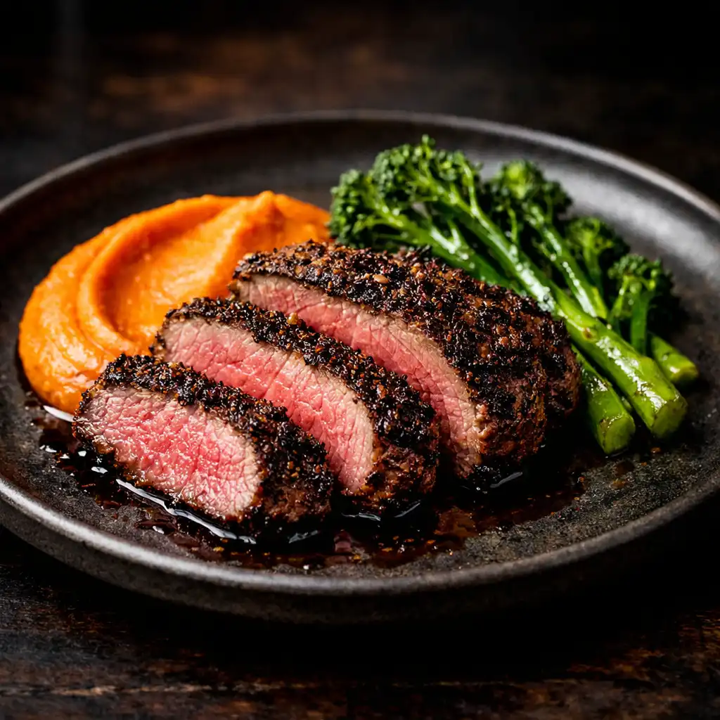 Lamb rump crusted with native pepperberry and wattleseed, served with sweet potato puree and broccolini