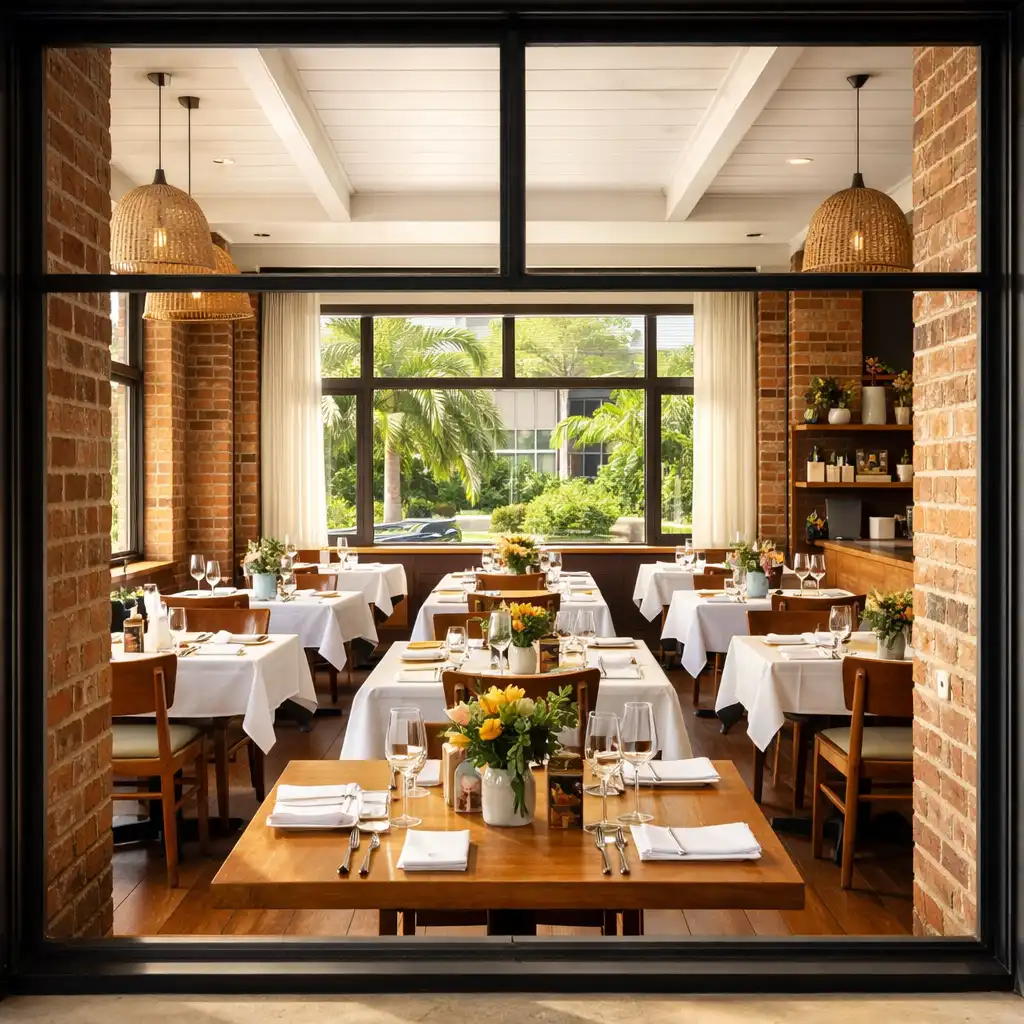 City Table House dining room with wooden tables, white linens, exposed brick, and large windows during the day