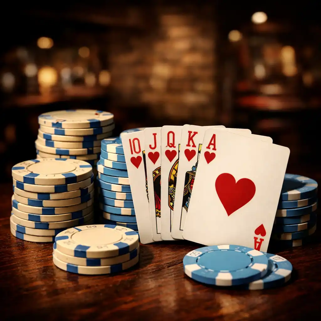 Close-up of poker chips and playing cards on a dark wooden table