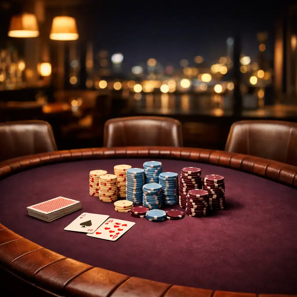 Poker table with chips and cards in warm evening light at City Table House
