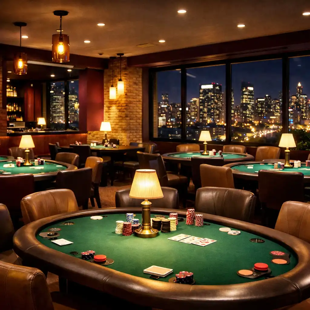 Wide-angle view of the poker room at night with tables and ambient lighting