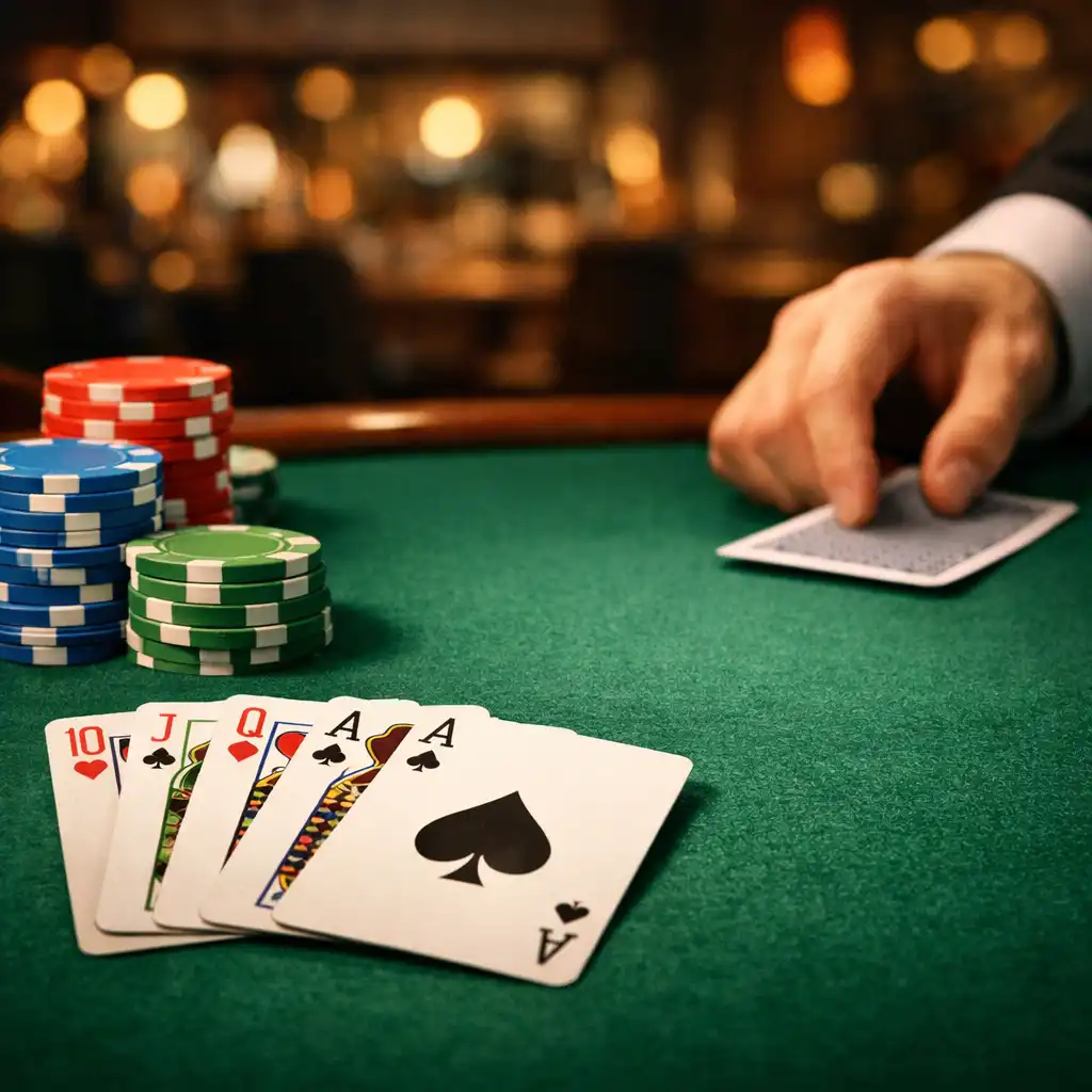Close-up of a poker table with cards and chips during Casino Nights at City Table House