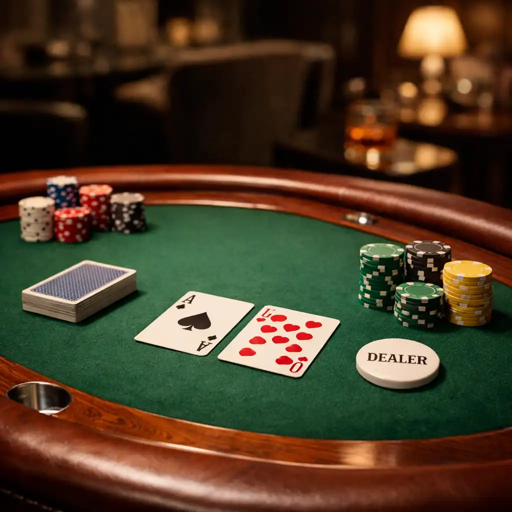 Physical poker table with green felt, cards, chips, and a dealer button in an intimate evening setting