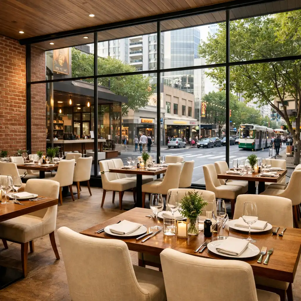 Modern Australian restaurant interior with large windows and warm lighting