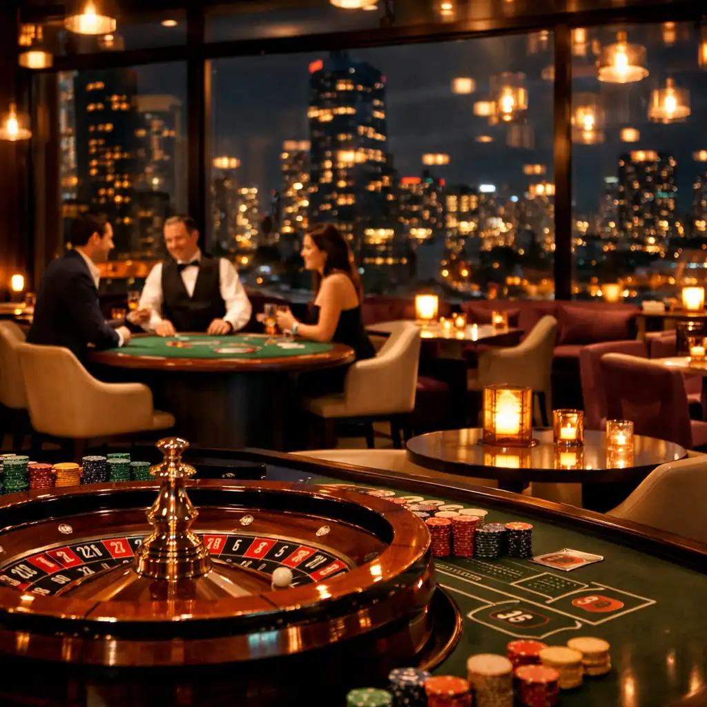 City Table House restaurant interior at night with roulette and blackjack tables and city lights through large windows