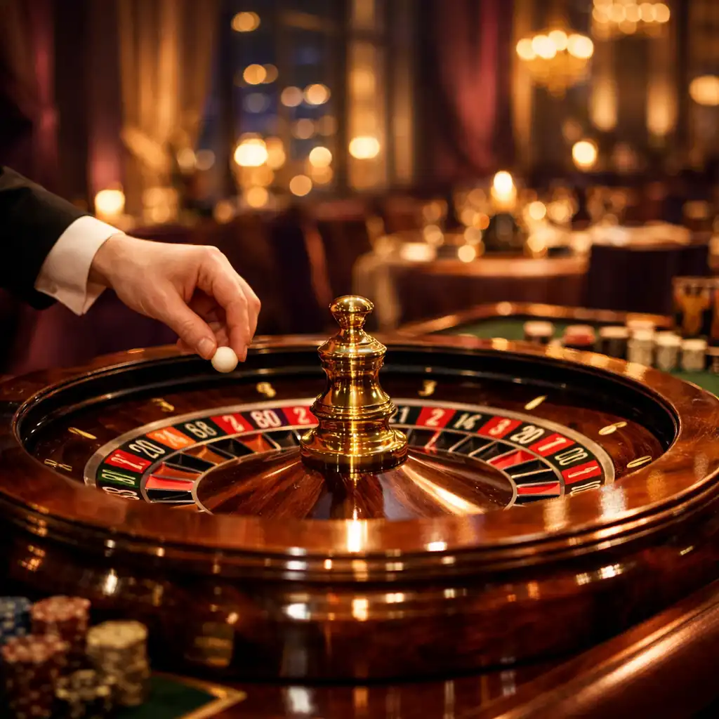 Roulette wheel and table in an elegant dimly lit restaurant with warm lighting and deep plum tones