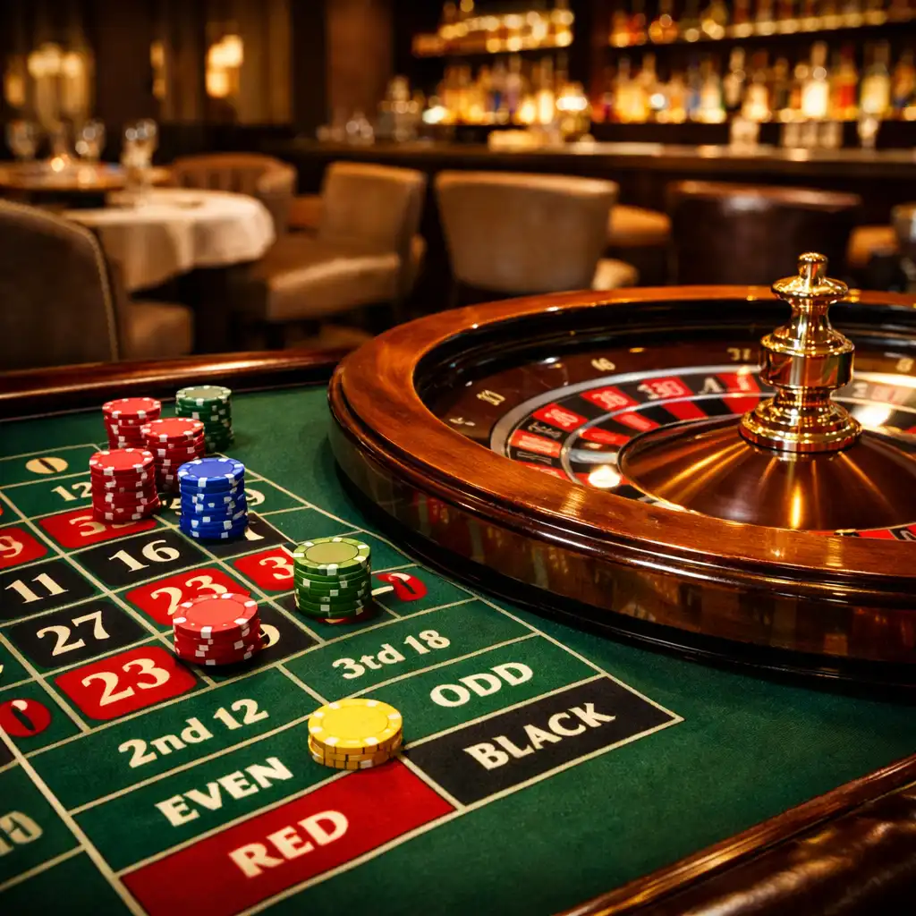 Roulette wheel and table with green felt layout and chips in an elegant evening setting