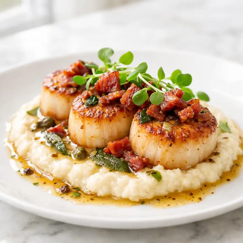 Seared scallops on cauliflower purée with crispy pancetta and brown butter sage sauce