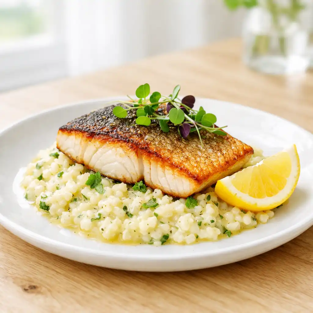 Pan-seared barramundi fillet with crispy skin on lemon myrtle risotto