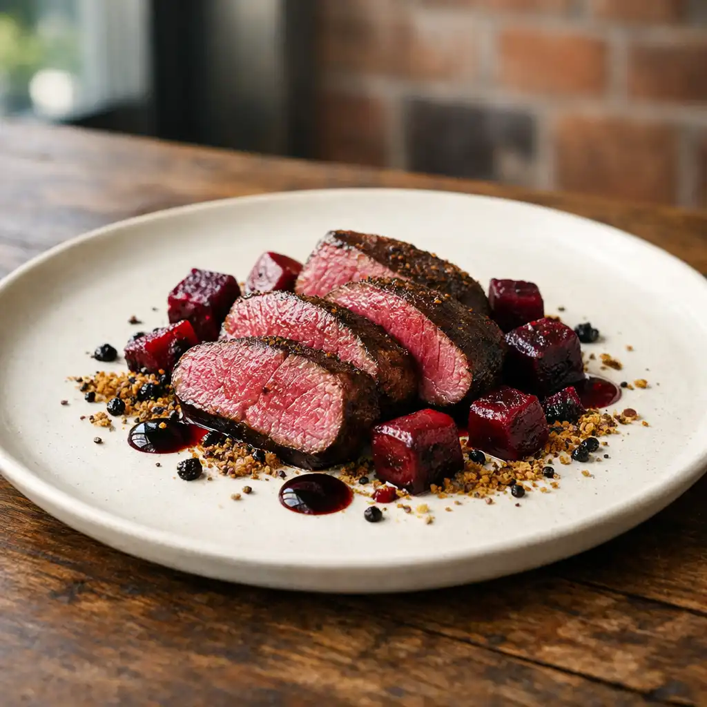 Seared kangaroo loin with roasted beetroot, pepperberry jus, and wattleseed crumble on a cream plate