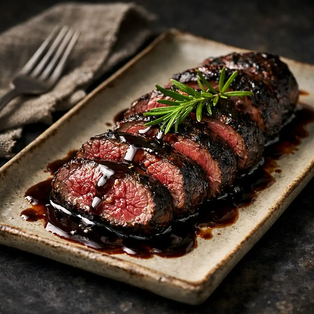 Charred kangaroo loin sliced into medallions with rosemary and dark jus