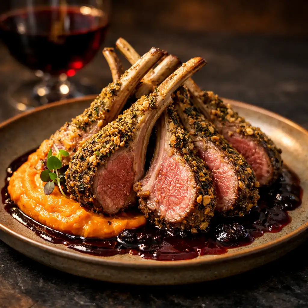 Rack of lamb with native thyme and macadamia crust, sweet potato purée, and Davidson plum glaze