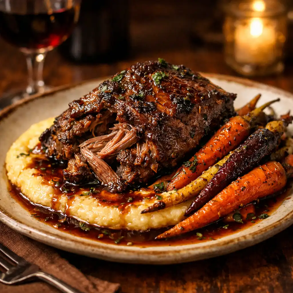 Slow-braised lamb shoulder with polenta, heirloom carrots, and red wine jus