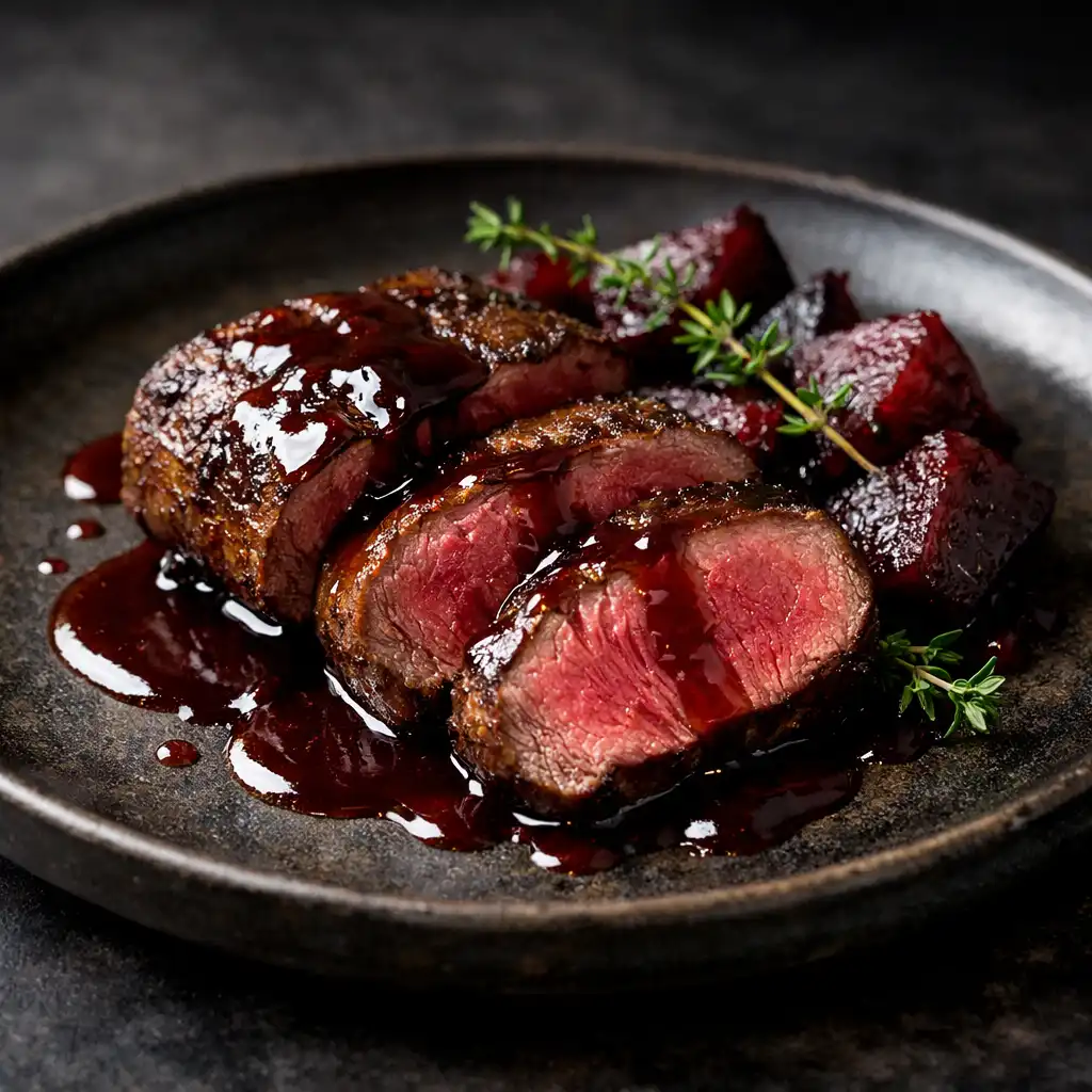 Seared kangaroo loin with quandong glaze, native thyme, and roasted beetroot