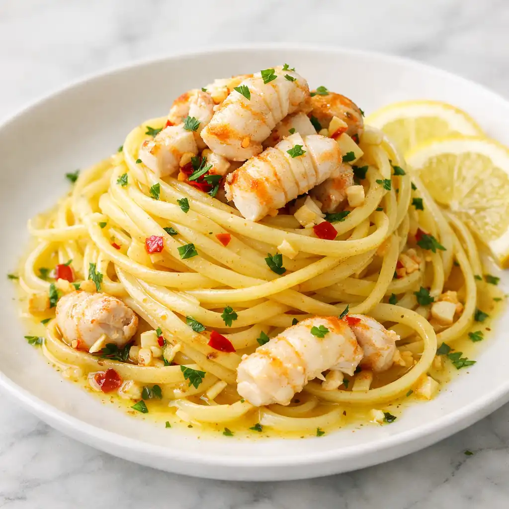 Handmade linguine with Moreton Bay bug, garlic, chilli, and lemon butter sauce