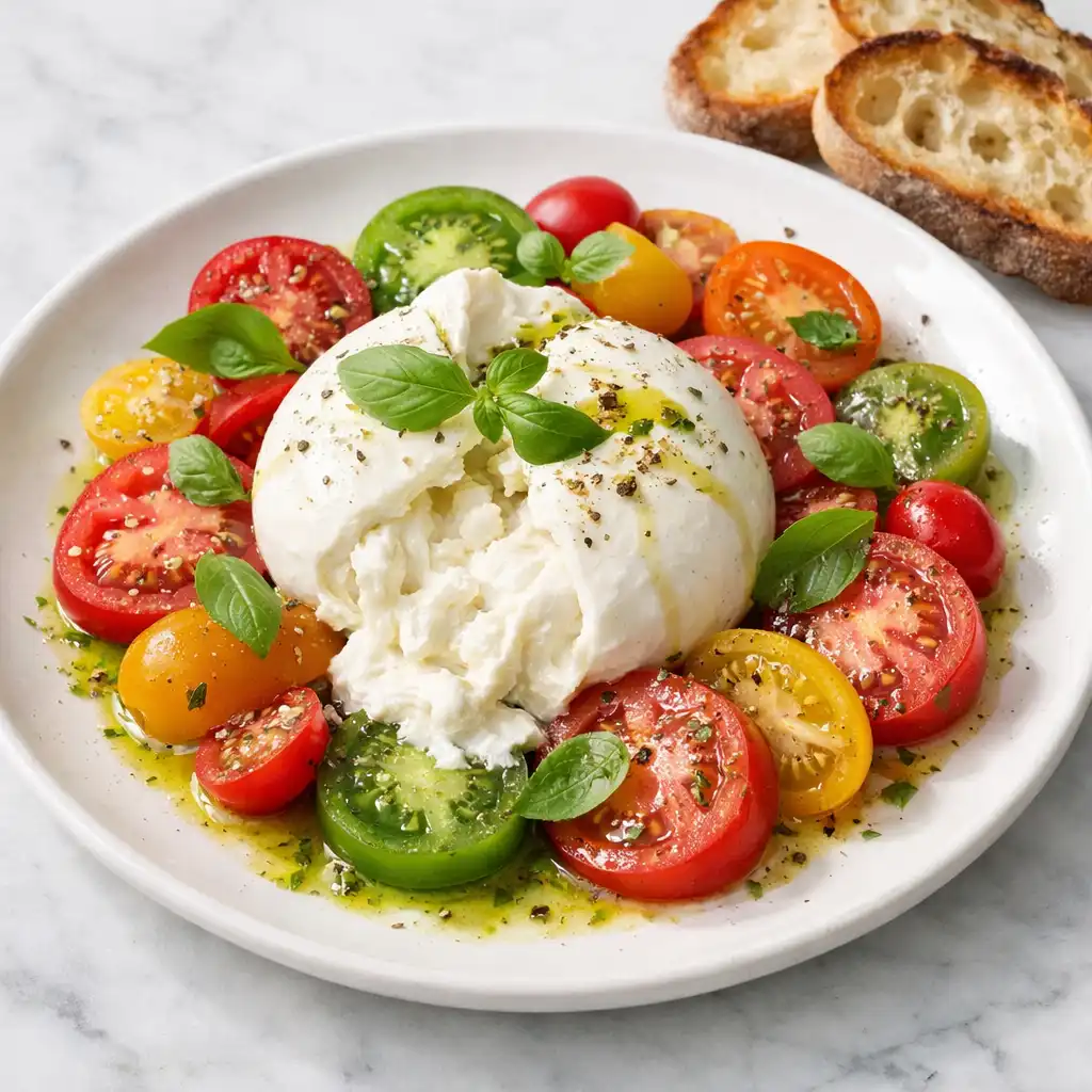 Creamy burrata with heirloom tomatoes, basil oil, and sourdough crostini