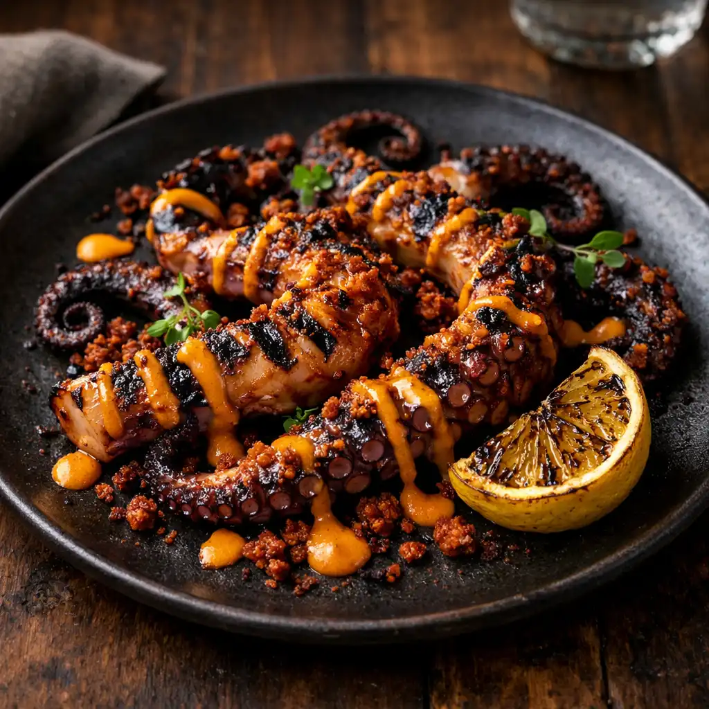 Charred octopus with smoked paprika aioli, chorizo crumb, and charred lemon