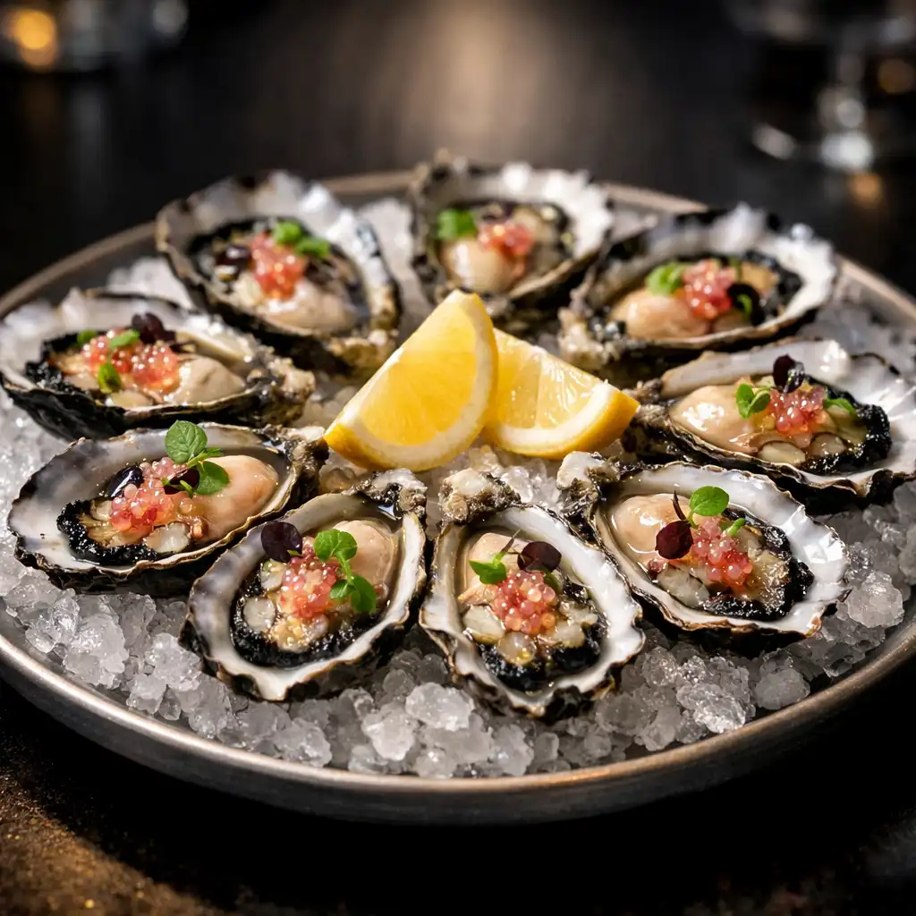 Sydney rock oysters on crushed ice with finger lime pearls and micro herbs